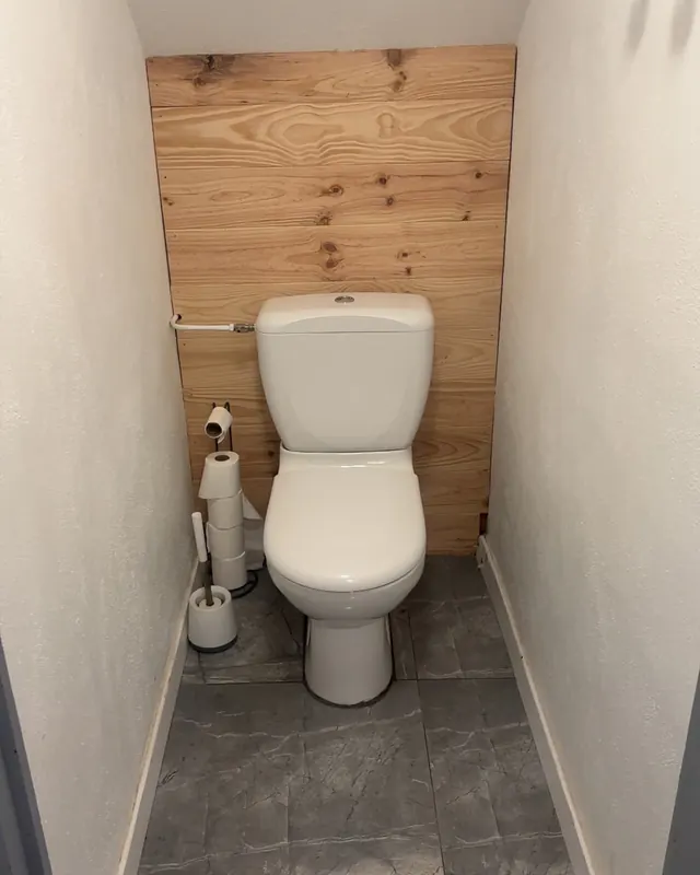 WC posé dans un cabinet sous pente avec lambris en bois